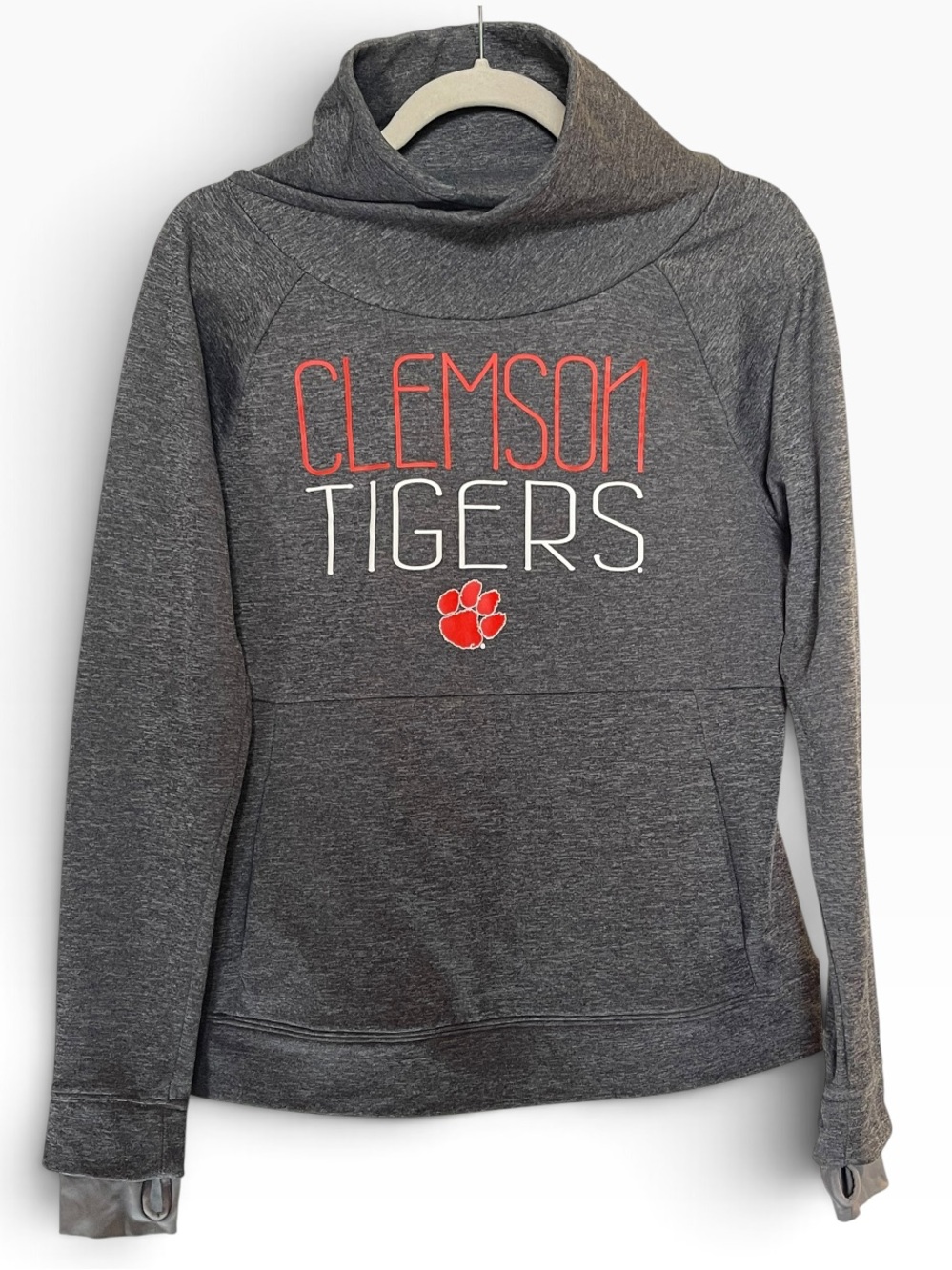 Clemson University Tigers Fleece Hoodie Sweatshirt Funnel Cowl Neck Grey M Paw